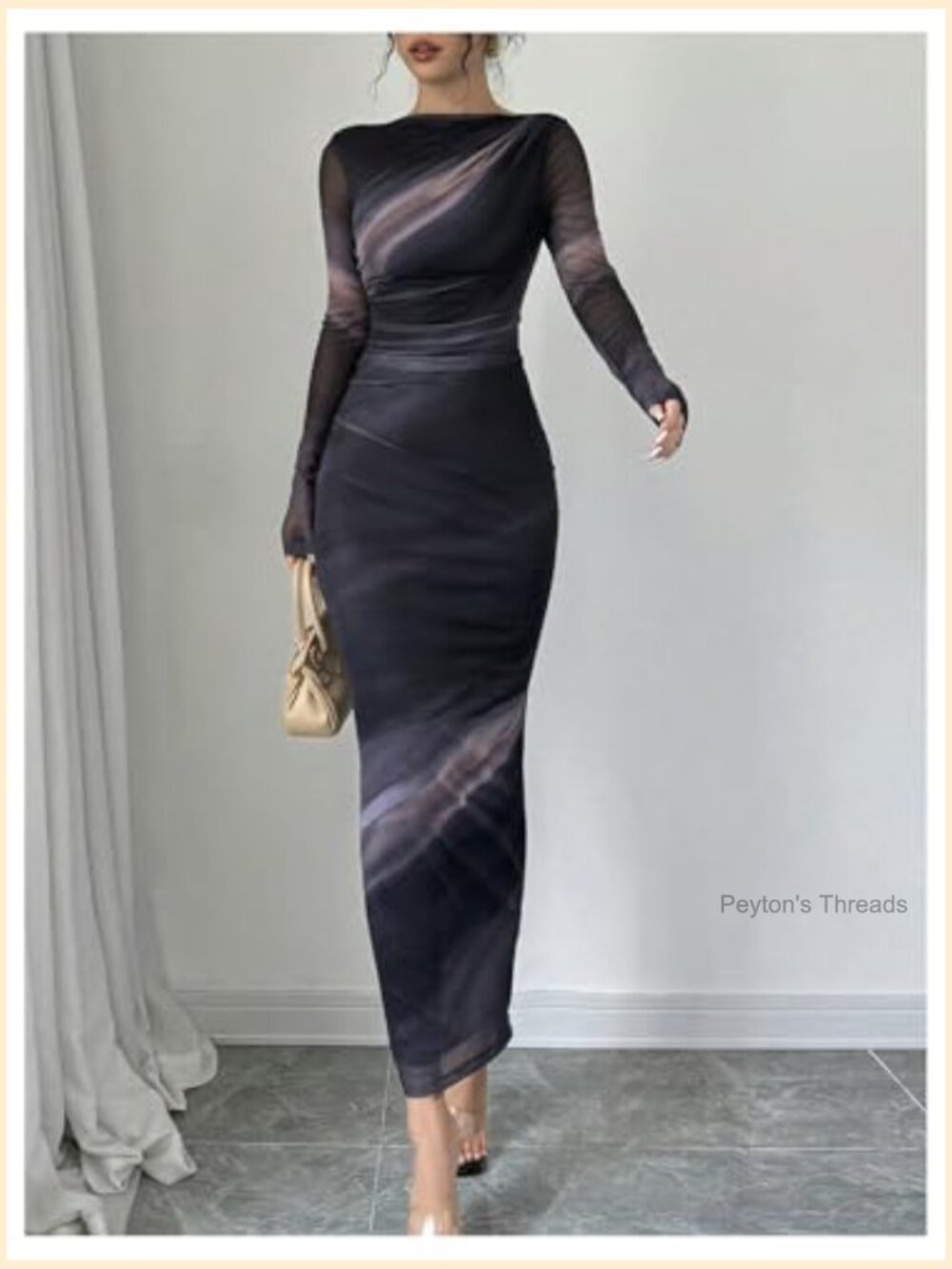 Tie Dye Boat Neck Long Sleeve Ruched Bodycon Maxi Dress - Picture 4 of 5